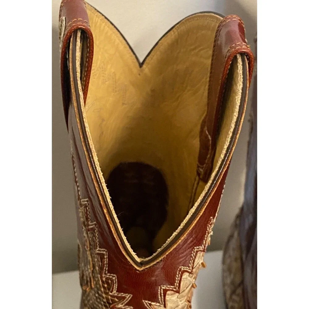 CORDONES Men's Cowboy Boots Size 9.5 Genuine SNAKE SKIN Red Brown Leather SPAIN
